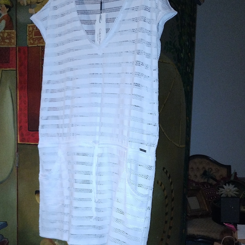 Calvin Klein White Sheer Striped Cover Up NWT
